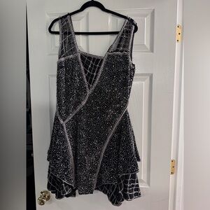 ASOS DESIGN beaded mini dress with skirt and linear embellishment detai